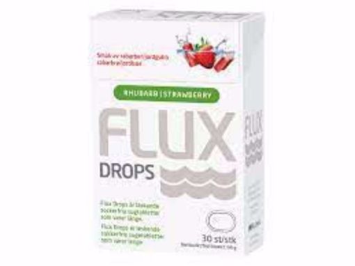 Flux drops for munntørrhet, 30stk sukkerfri jordbær/rabarbra- Dental Direct