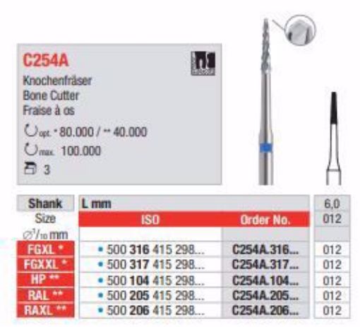 Kirurgisk bor C254A 205-012, 3 stk. Freser til implantat- Dental Direct