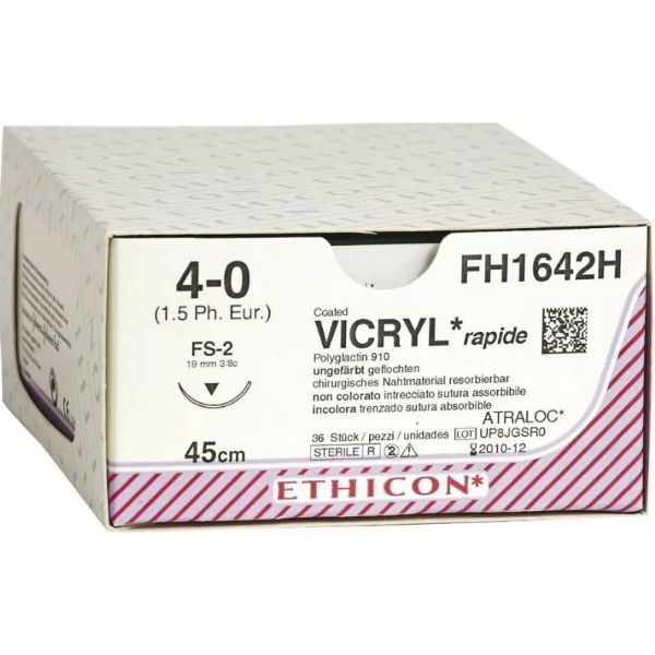 Sutur FH1642H vicryltråd 4-0 45cm sort, 36stk FS-2 nål 19mm resorberbar