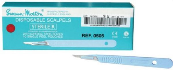 Swann-Morton sterile skalpell  nr.15  0505, 10 stk m/ plastskaft båtformet