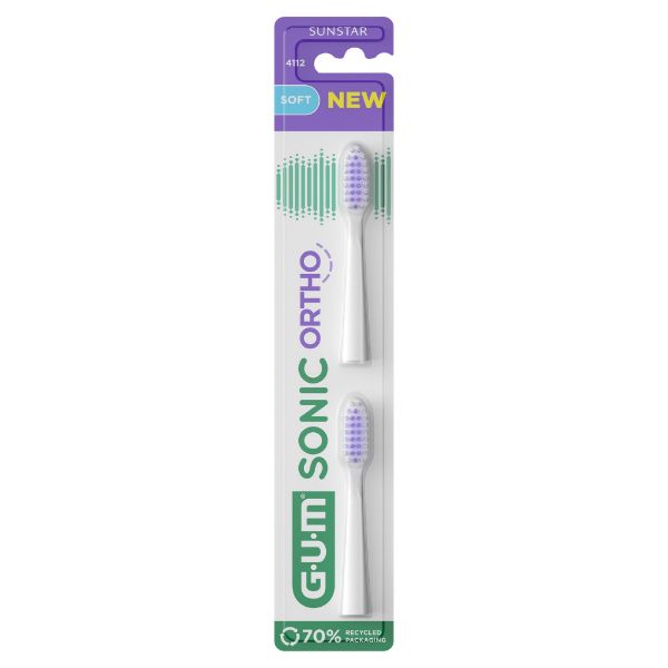 Gum Sonic Ortho tannbørstehoder, 1 pk m/2 hoder, hvit/lilla, 4112BTM