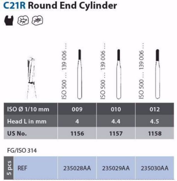 Diatech Metallbor C21R FG 012 (1158), 5stk Sylinder straight fissure dome