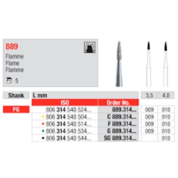 Diamant bor 889 FG 009, 5 stk. Flamme, standard