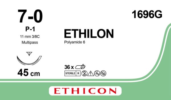 Ethilon 7-0 svart, 45cm, P-1 1696 H, 36stk