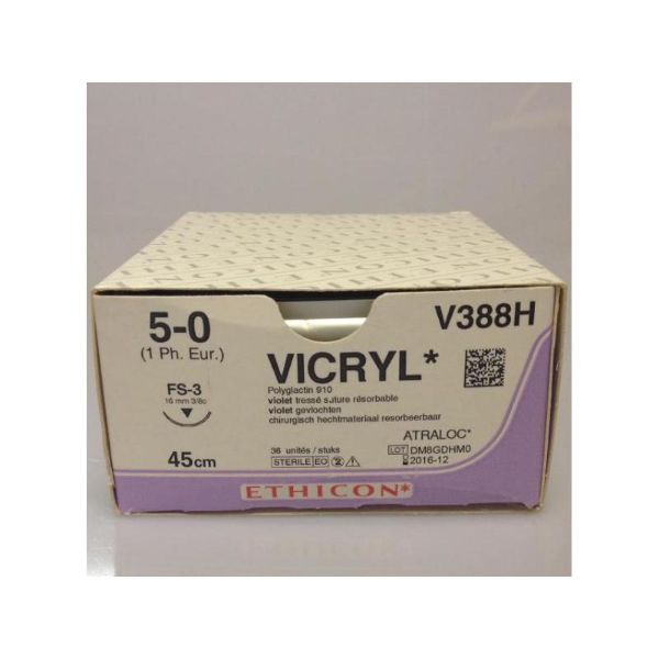Sutur V388H vicryltråd 5-0 45cm lilla FS-3, (16mm) rund skjærende nål 36stk