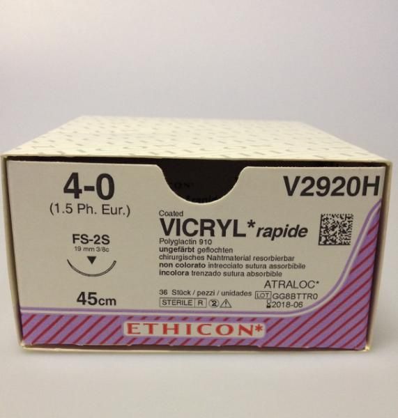 Sutur V2920H vicryltråd 4-0 45cm rød FS-2S nål, (19mm) slim needle 36stk hurtig