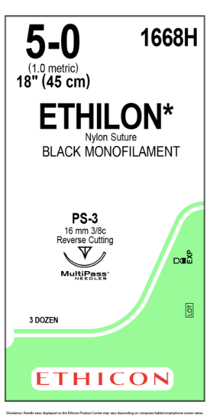 Sutur Ethilon 1668H 5-0 PS-3 45cm sort, 36 stk