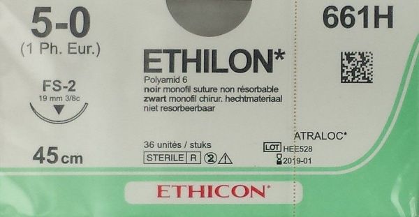 Sutur Ethilon 5-0 FS-2, 45 cm, svart, 36stk, 661H