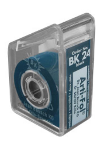 Artikulasjonsfolie på rull m/dispenser Bausch BK24, 8 my, sort, 20 meter